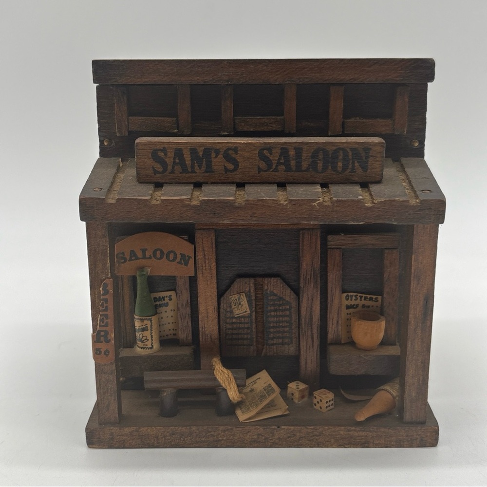 Vintage Sam's Saloon Wood Coaster Set of 6 Enesco 1970's Handmade